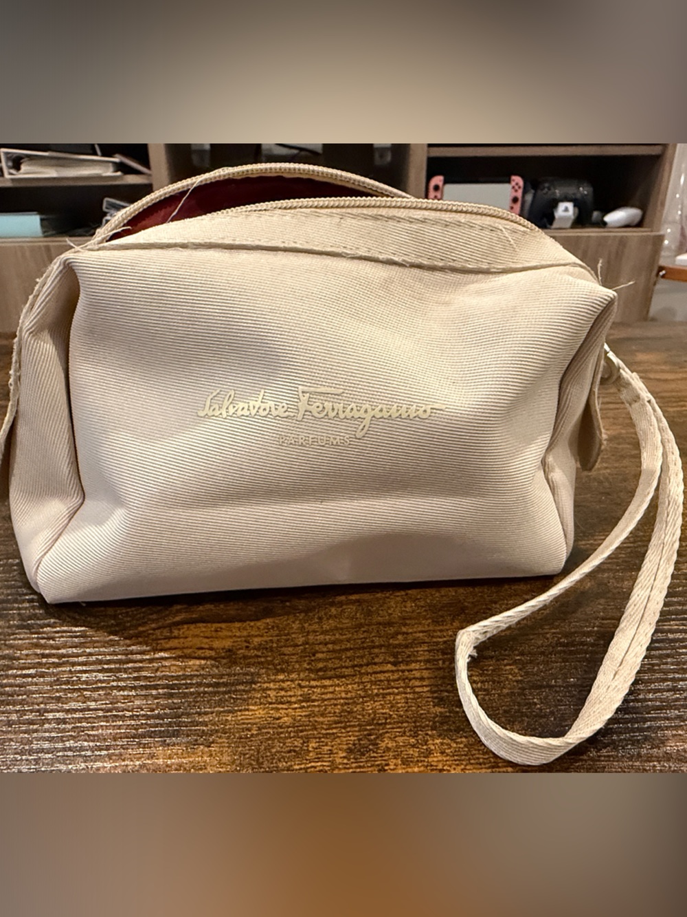 Salvatore Ferragamo Cream Canvas Wristlet Pouch